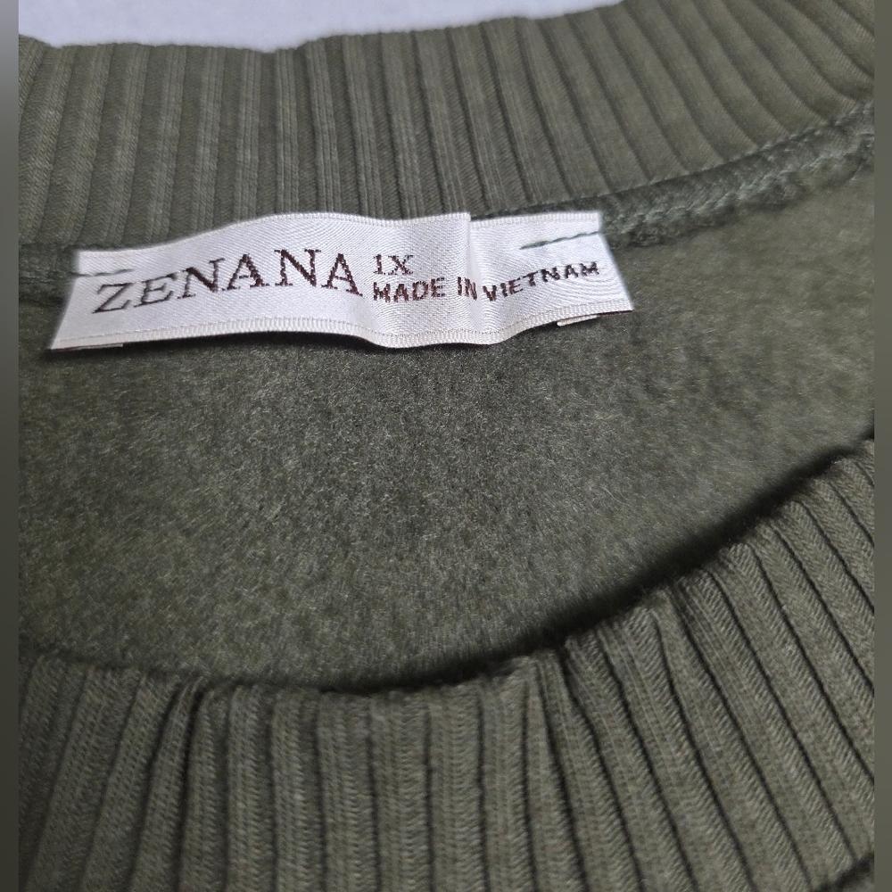 ZENANA Olive Green Ribbed Crewneck Sweatshirt 1X - New Without Tags - Picture 4 of 9